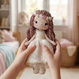 Muñeca Lara amigurumi tejida a crochet sostenida por manos de niña en una habitación infantil