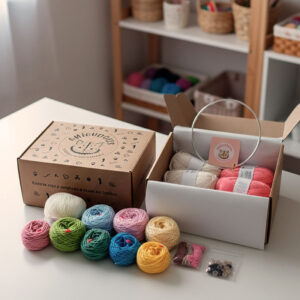 Kit amigurumi Móvil Casa de Pájaros con hilos de algodón, ojos de seguridad, aros metálicos y aguja lanera curva sobre una mesa de trabajo, sin incluir patrón ni taller – Amigudolls