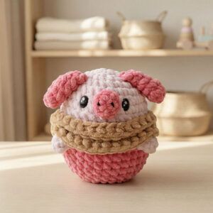 Cerdito amigurumi tejido en hilo suave rosa con hocico y orejas en tono más intenso, colocado sobre una mesa de madera con fondo cálido y natural.