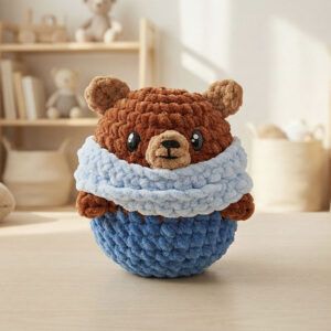 Kit Osi de Amigudolls, osito amigurumi tejido con hilo suave en tonos marrón y azul, incluido en kit completo para principiantes con materiales y patrón impreso.