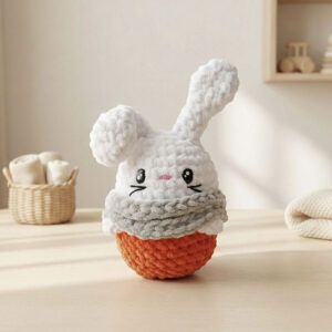 Conejito amigurumi Nube tejido con hilo suave, orejas largas y bufanda gris, realizado con el kit con materiales incluidos de Amigudolls.