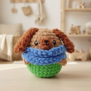 Perrito amigurumi Teo terminado, tejido con hilo suave en tonos marrón, azul y verde, incluido en el kit completo con materiales Amigudolls.